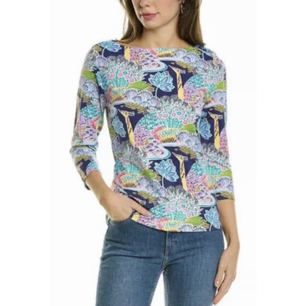 J. McLaughlin Top Small Catalina Cloth Peacock Blue Pink Multicolor 3/4 Sleeve